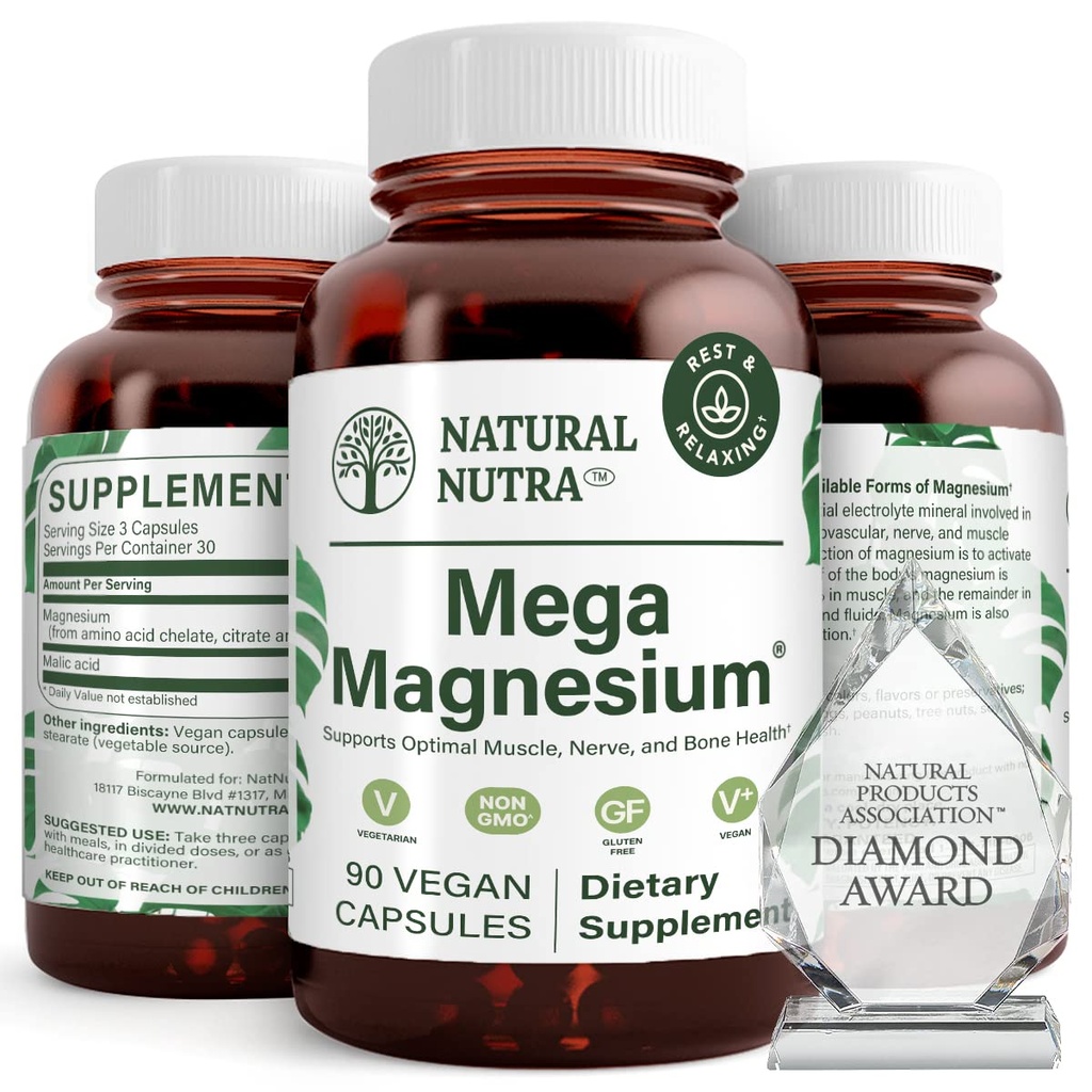 Natural Nutra Mega Magnesium 400mg Supplement - Hoge Absorptie Aminozuurchelaat, Betere Vibes, Citrate, Malate Blend voor Spiergroei, Botsterkte, Hart Gezondheid, Zenuw Ondersteuning - 90 Capsules