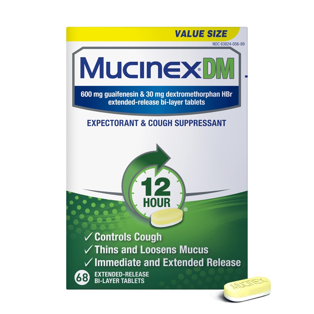 Mucinex DM 12Hr Congestie en hoest Geneeskunde voor volwassenen, koude en hoest Geneeskunde voor Excess Mucus Relief, 600 mg Guaifenesin & 30 mg Dextromethorfan HBr, 68 Bi-Layer tabletten