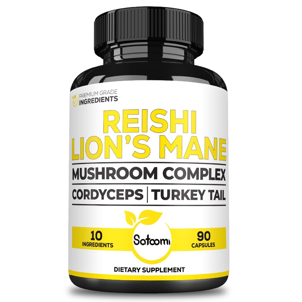 Satoomi Reishi Supplement Complex 5000Mg - 10in1 Combined with Lions Mane, Cordyceps Sinensis, Chaga Mushroom & Others - 90 Capsules for 3 Months