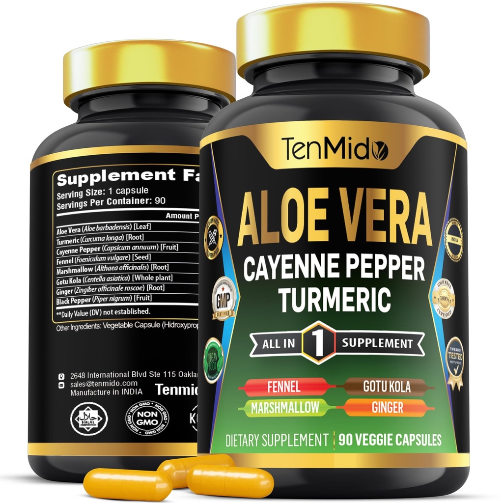 Aloe Vera Capsules Supplement - 8in1 Formula - Combineer met Kurkuma, Cayenne Pepper, Marshmallow, Fennel, Gotu Kola, Ginger en Black Pepper - 90 capsules voor 3 maanden levering