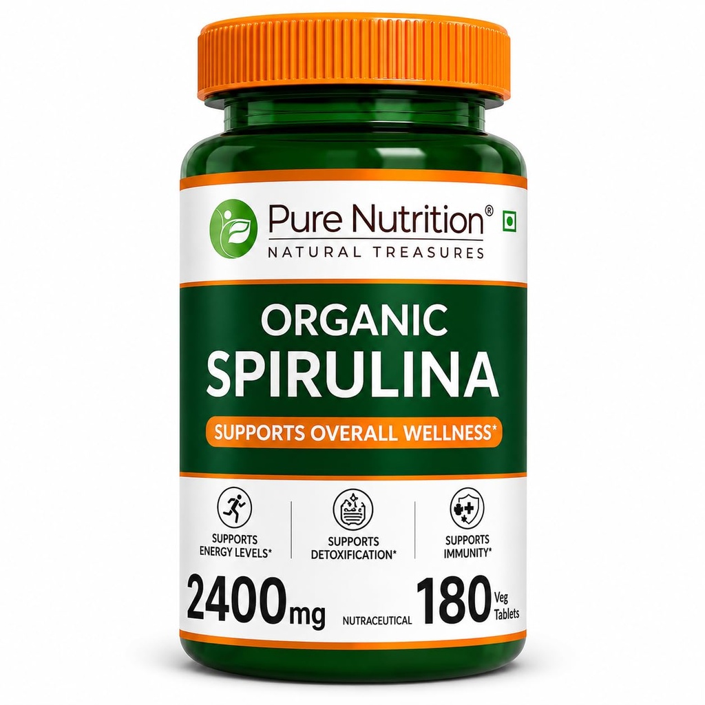 Pure Nutrition Organic Spirulina 2400mg (Per Serving), 180 Veg Tablets | Spirulina Powder Organic Tablets | Supports Healthy Skin & Boost Immunity | Support Weight Management & Detoxification