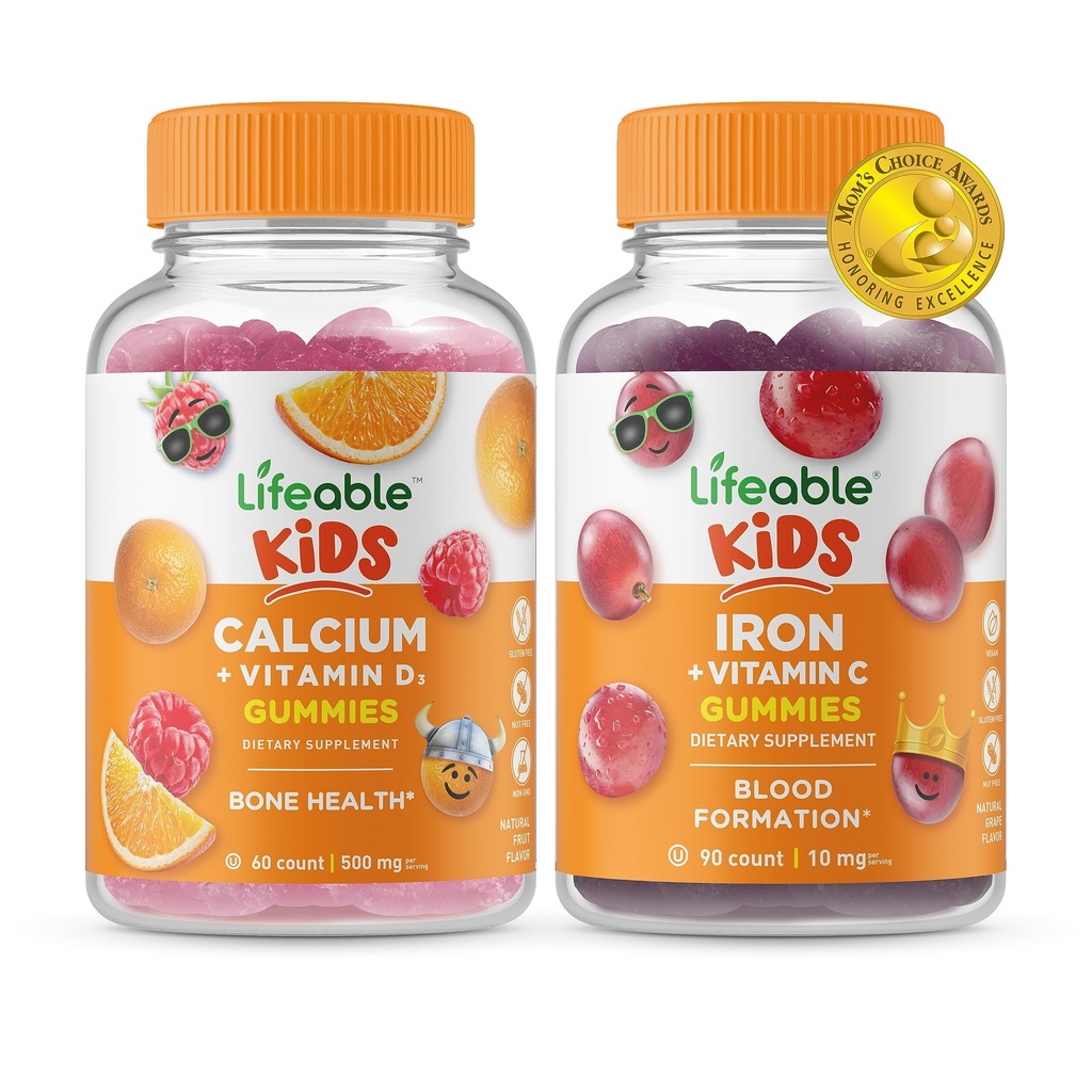 Levensvatbaar Calcium met vitamine D Kids + Iron & Vitamin C Kids, Gummies Bundle - Grote Proeverij, Vitamine Supplement, Glutenvrij, GGO-vrij, Kauwgom
