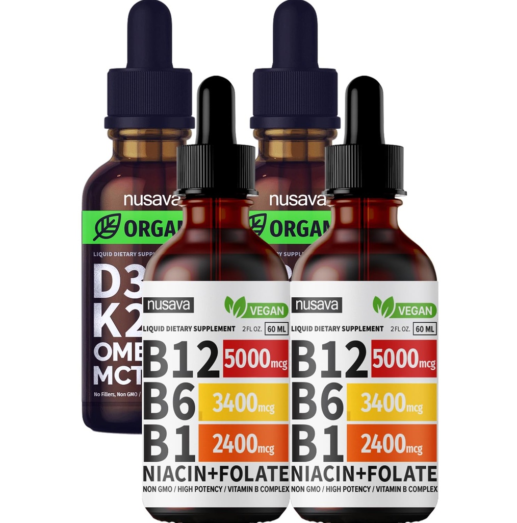 NUSAVA Vitamine B12 Liquid Drops and Unflavored D3 K2 Bundle - Krachtige vloeibare vitamines voor hart, gewrichten, energie, & Immune Support - Non-GMO, Glutenvrije, 2pk Elke