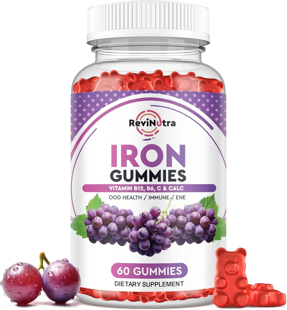 IJzer Gummies - met Calcium, Zink, Folaat & Vitamine B12, C, B6 voor Volwassenen & Kids - Blood Builder & Energy Ondersteuning voor Iron Deficency, Anemia, Vegan - Grape Flavour,60 Gummies