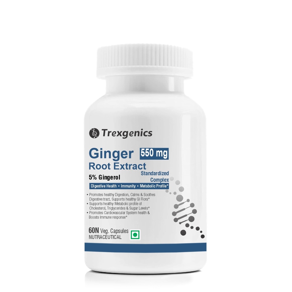 Trexgenics GINGER (Bioactive 5% Gingerol) 550 mg Standardized for Digestive Health, Immunity, Metabolic Profile, Immunity Support (60 Vcaps) (1)