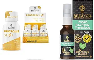 Bee and You Bundle: Propolis Shot met vitamine C, D3 en zink met Propolis Raw Honey Throat Spray, Ultra Pure, 100% Natural, Immune Support, Superfood