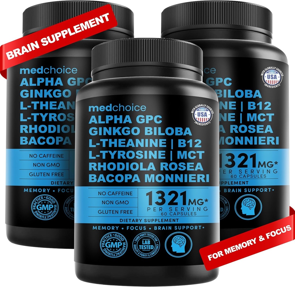 12-in-1 Nootropic Brain Supplement Anhydraat: Ginkgo Biloba voor Hersenondersteuning, Geheugen en Focus - B12, Alpha GPC, L Theanine en Choline Supplementen met Bioperine Non Cafeinated 1321mg (180ct)
