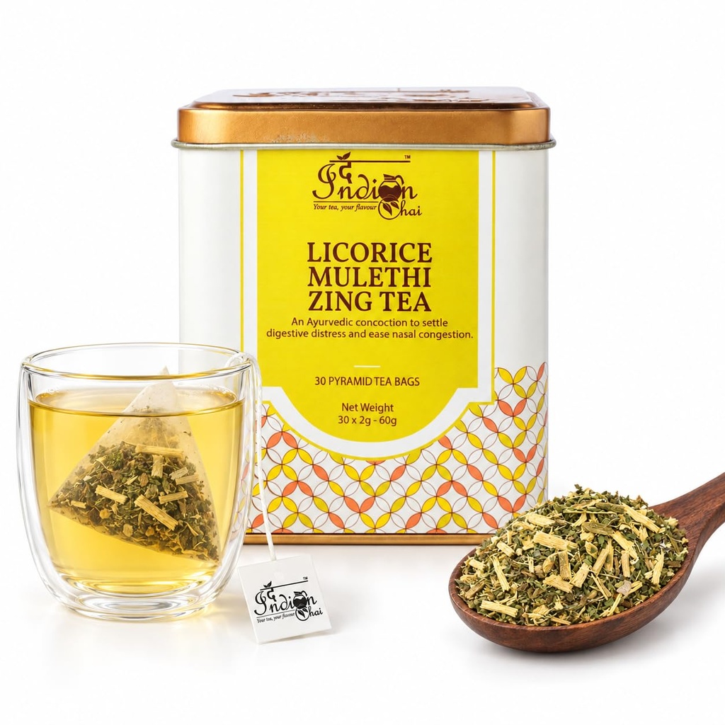 The Indian Chai - Licorice Mulethi Zing Tea 30 Pyramid Tea Bags with Spearmint for Immunity and Stress