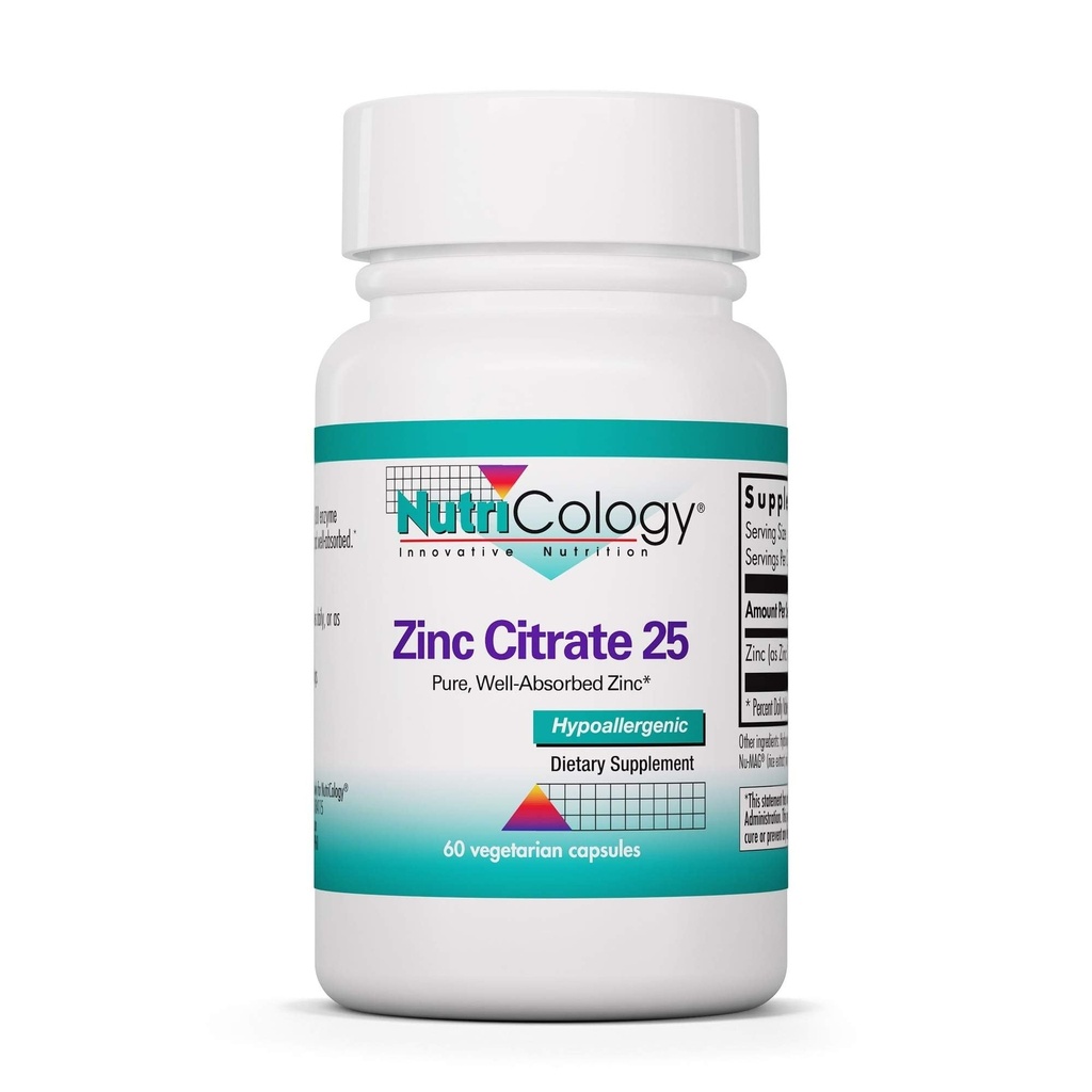 Nutricology Zink citraat supplement - 25mg zink voor mannen en vrouwen, Immune Support, Pure, Well-Absorbed, Goed getoleerd, Trace Mineral, Vegetarische Capsules - 60 Tellen