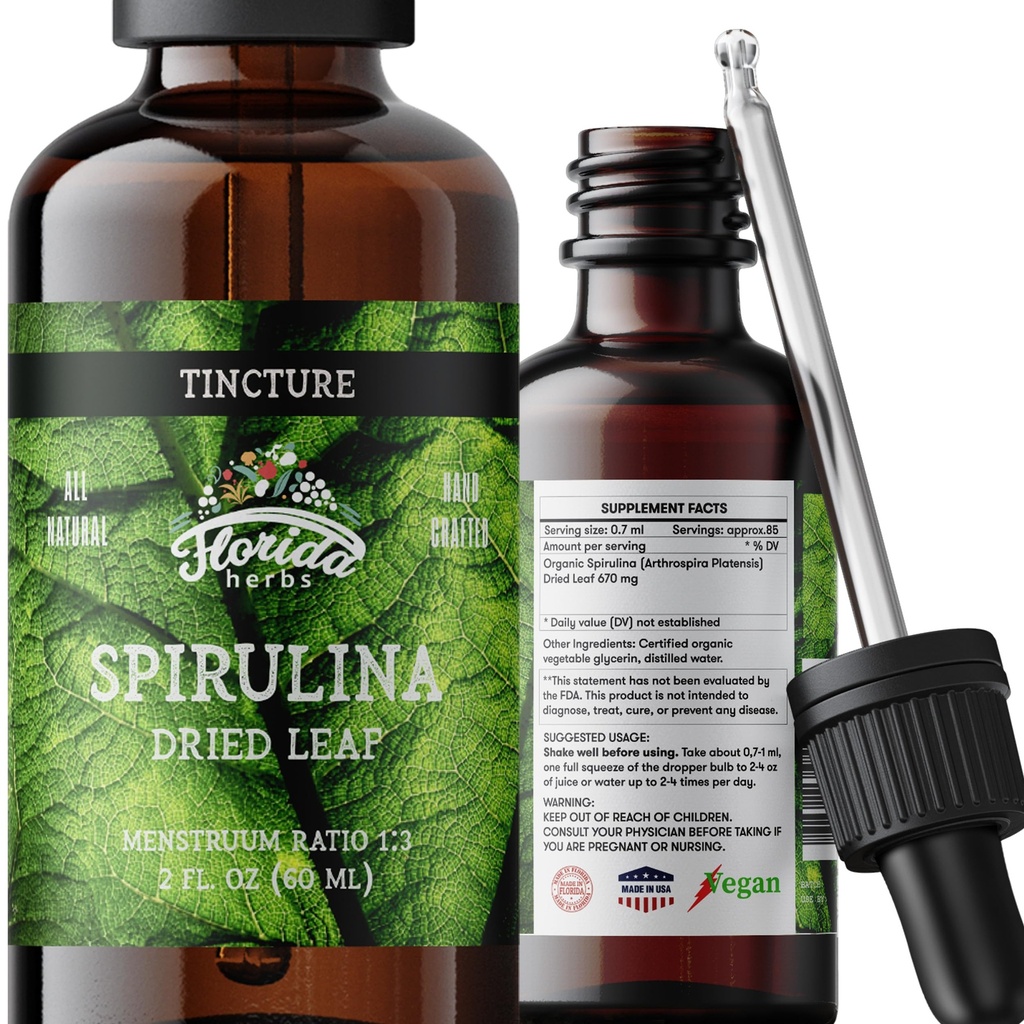 Spirulina Tincture, Organic Spirulina Extract (Arthrospira Platensis) Herbal Supplement, Non-GMO in Cold-Pressed Organic Vegetable Glycerin, 700 mg, 2 oz (60 ml)