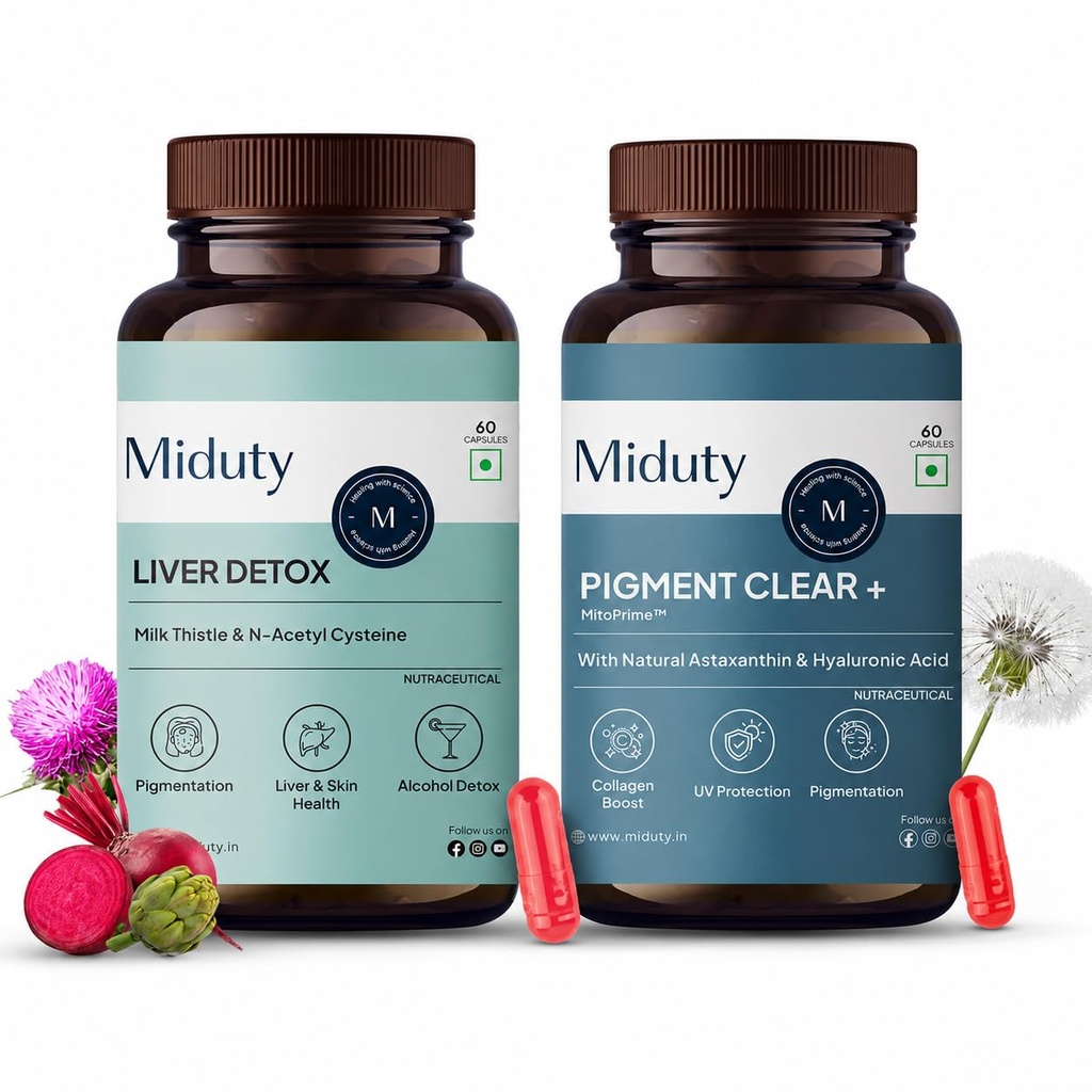 Miduty Skin Brightening & Liver Detox Bundle | Pigment Clear+ Oral Sunscreen with Hyaluronic Acid + Milk Thistle & NAC Liver Detox Supplement | Supports Even Skin Tone, Healthy Liver & Natural Detox
