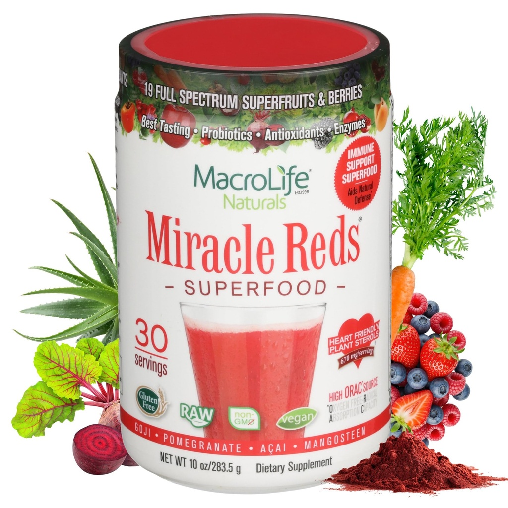 MacroLife Naturals Miracle Reds Superfood Supplement Powder Antioxidants Polyfenolen Enzymes Probiotica - Rauwe Non-GMO Biologische Vegan Gluten & Dairy Free (30 Servers)