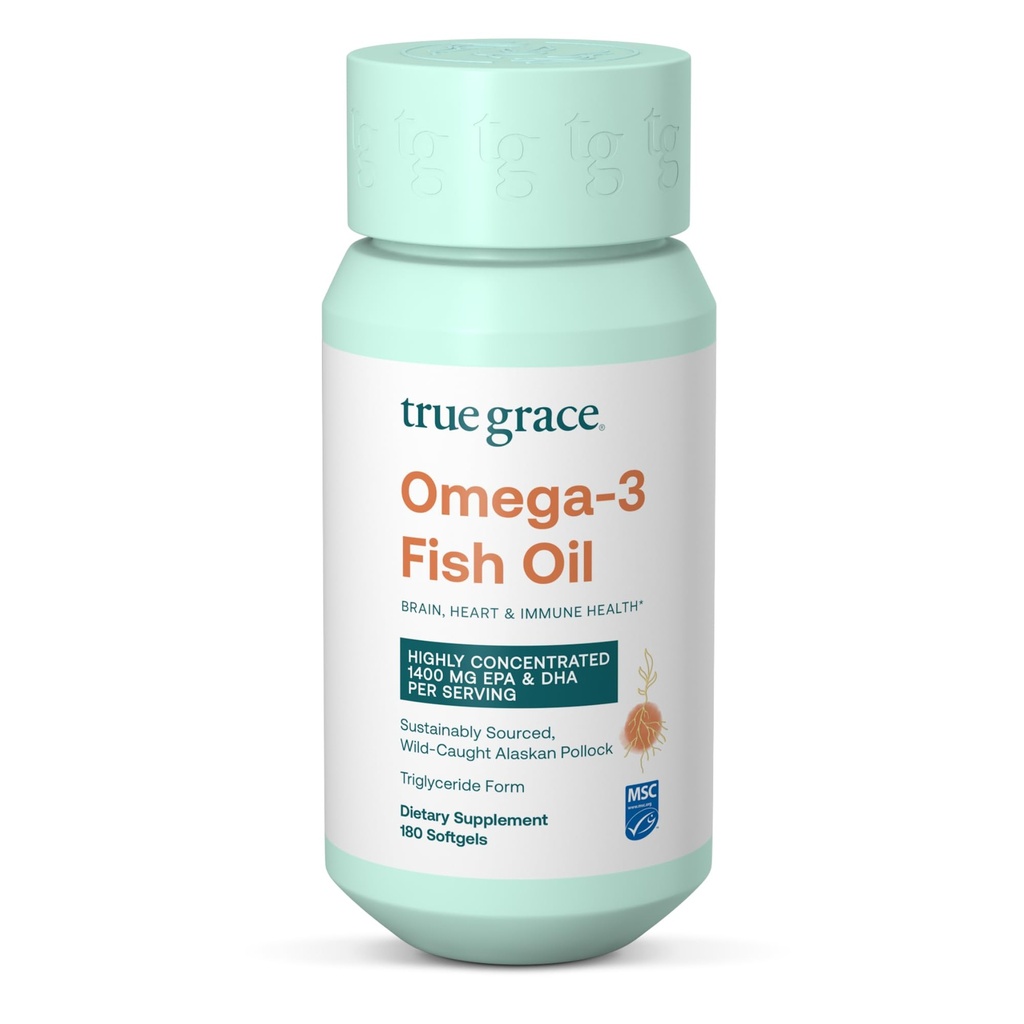 True Grace Omega-3 Visolie - 180 Softgels - 1400 mg EPA + DHA - Hersenen, Hart, Gewricht & Immune Health - Biologische, Glutenvrij, Sojavrij