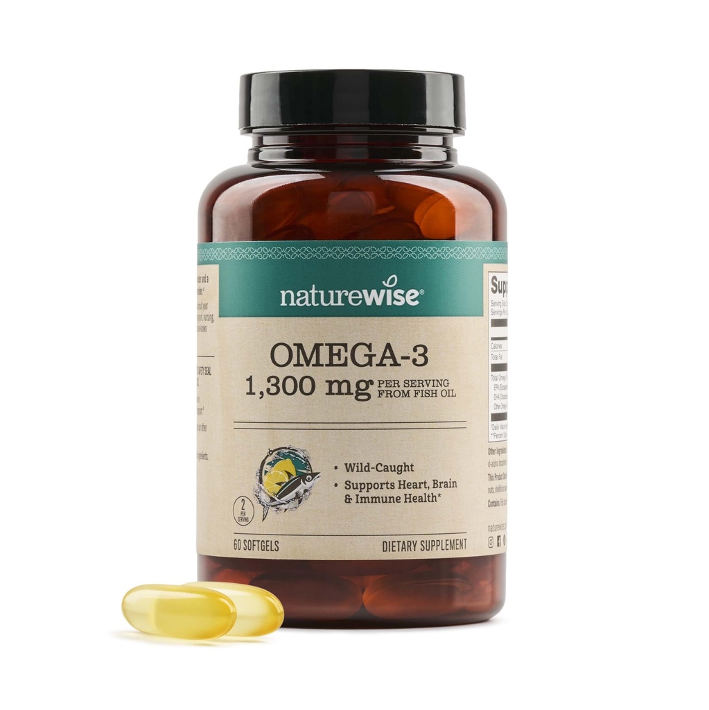 NatureWise Ultra Omega 3 Fish Oil 2200 mg 1300 mg Omega-3 - Triglyceride Form - Citroensmaak - Wild-Caught Fish Oil + EPA & DHA - Burpless, Non-GMO - 60 Softgels[1-Maande Levering]