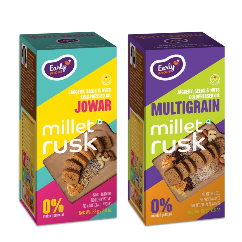 Early Foods - Chota Pack of 2 : Jowar & Multigrain Rusks | Millet Rusk Sugar Free | No Maida Toast | Rusks for Kids | Millet Toast Biscuits 82 g x 2