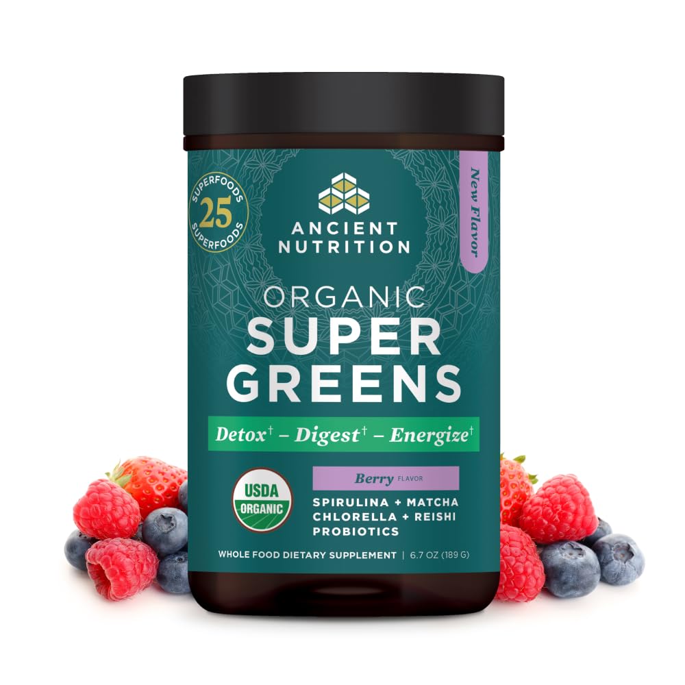 Oude Voeding SuperGreens Poeder met Probiotica, Biologische Berry Smaak Groenen, Gemaakt van echte groenten, groenten en kruiden, Digestieve en energie-ondersteuning, 25 porties, 6.70z