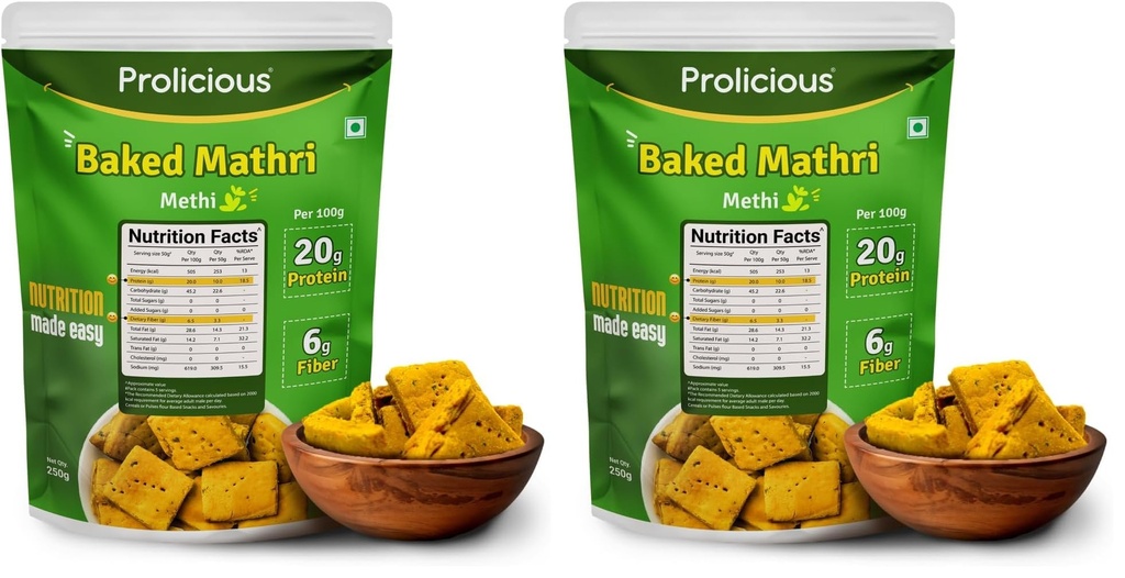 Prolicious Baked Mathri | 10g Protein, High Fiber | Healthy Weightloss Snack | No Palm Oil, No Transfat | Made with Whole Foods | 250g (Pack of 2)