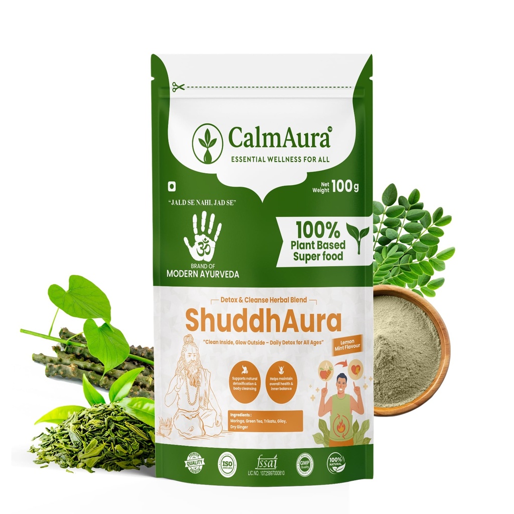 CalmAura ShuddhAura Ayurvedic Detox Wellness Powder 100g | Lemon Mint Flavor | Liver Support, Immunity & Energy Drink with Moringa Green Tea Giloy | Vegan