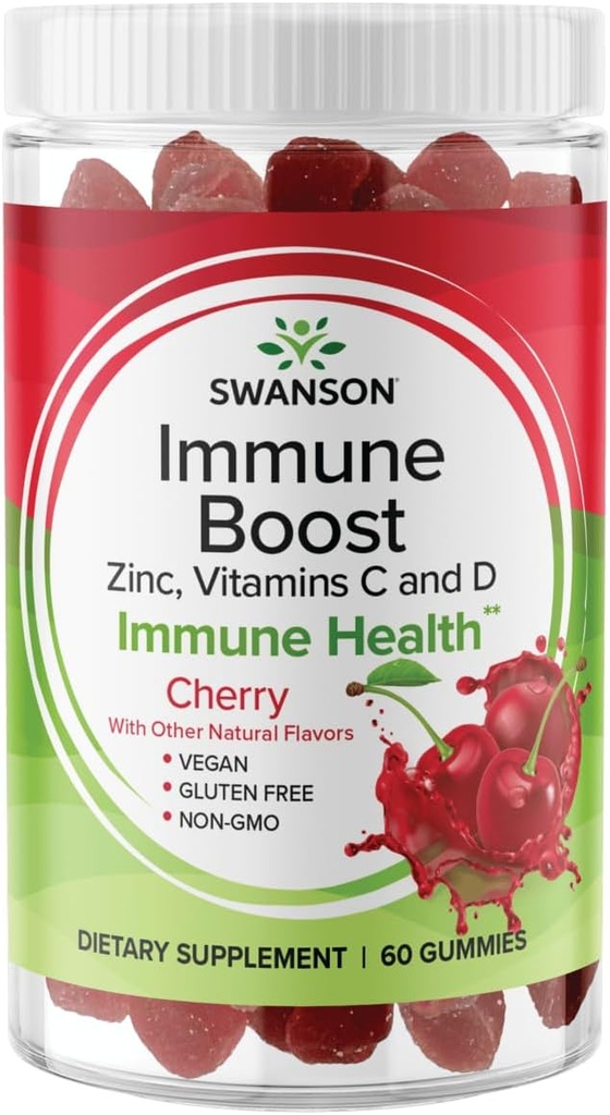 Swanson Immune Boost Gummies with Acerola, Zinc, and Vitamin C & D - All Natural Supplement Promoting A Healthy Immune System - Helps to Support A Healthy Body - (Cherry, 60 Gummies)