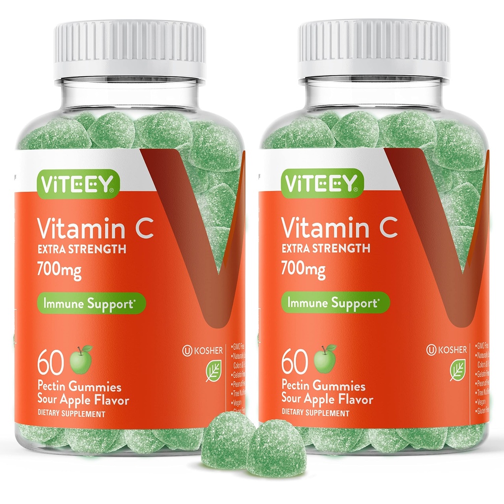 Viteey Kauwbare vitamine C Gummies voor volwassenen - 700mg Extra sterkte Immuun Ondersteuning Supplement - Veganistisch, Glutenvrij - 120 Tel.