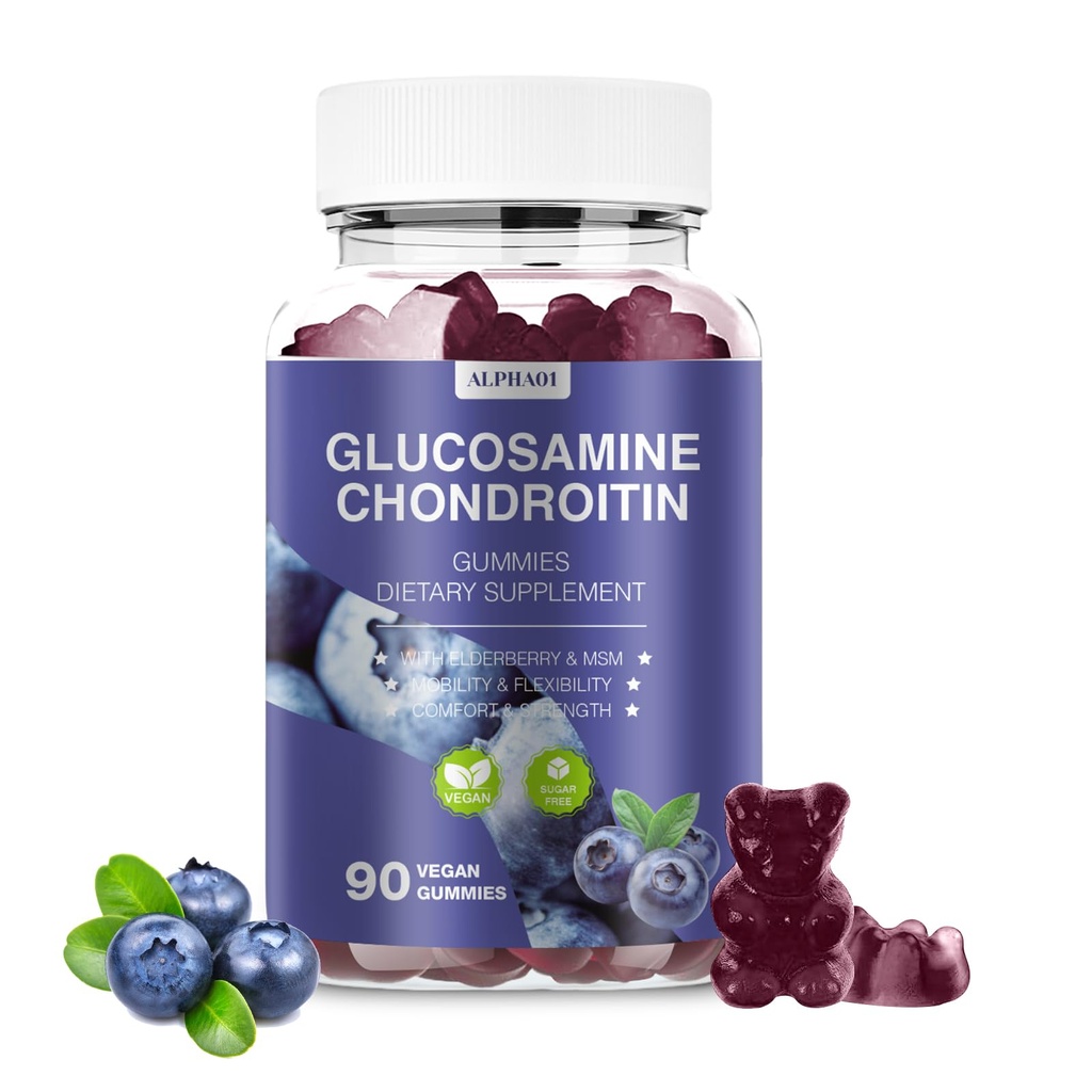 Glucosamine Chondroitin Gummies - 3000MG Extra sterkte Joint Support Supplement met MSM & Vlierbes, Flexibiliteit, Antioxidant Immune Support Gummy voor volwassenen, mannen & vrouwen 90 Blueberry Gummies
