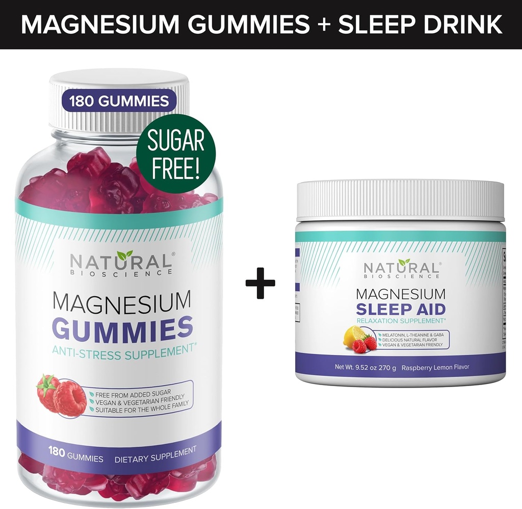 Suikervrije Magnesium Gummies (180 Gummies) en Magnesium Night Time Powder met Magnesium Citrate, Melatonine, L-Theanine en GABA - Vegan, Gelatine-Free, Gluten-Free, Non-GMO
