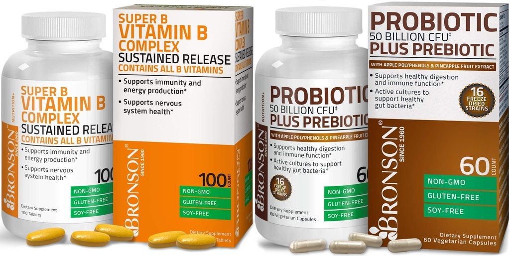 Bronson Probiotic 50 Miljard CFU + Prebiotic with Apple Polyfenols & Ananas Fruit Extract + Vitamine B Complex Sustained Release