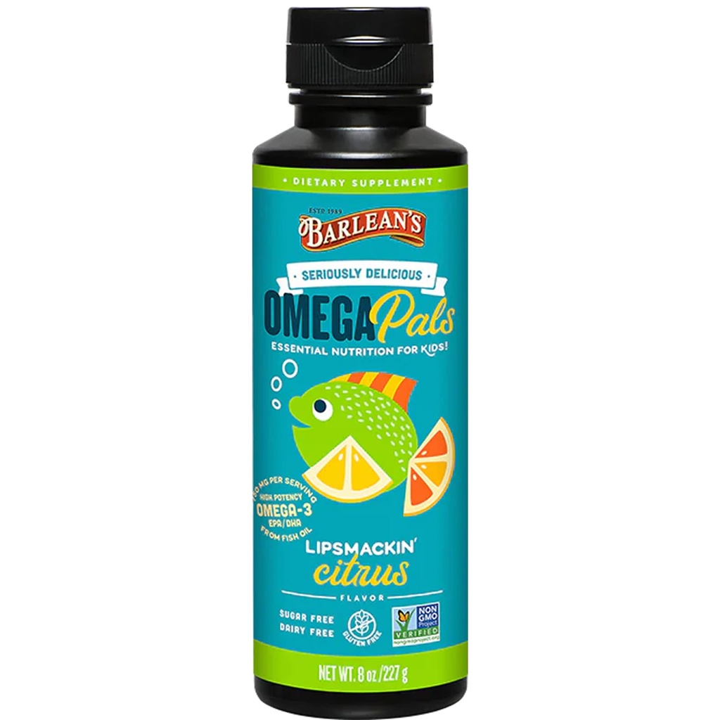 Barlean's Omega Pals Lipsmackin' Citrus Flavored Omega-3 voor kinderen, Yummy kinderen vloeibare visolie supplement met 750 mg EPA & DHA voor Brain & Eye Health, 8 oz