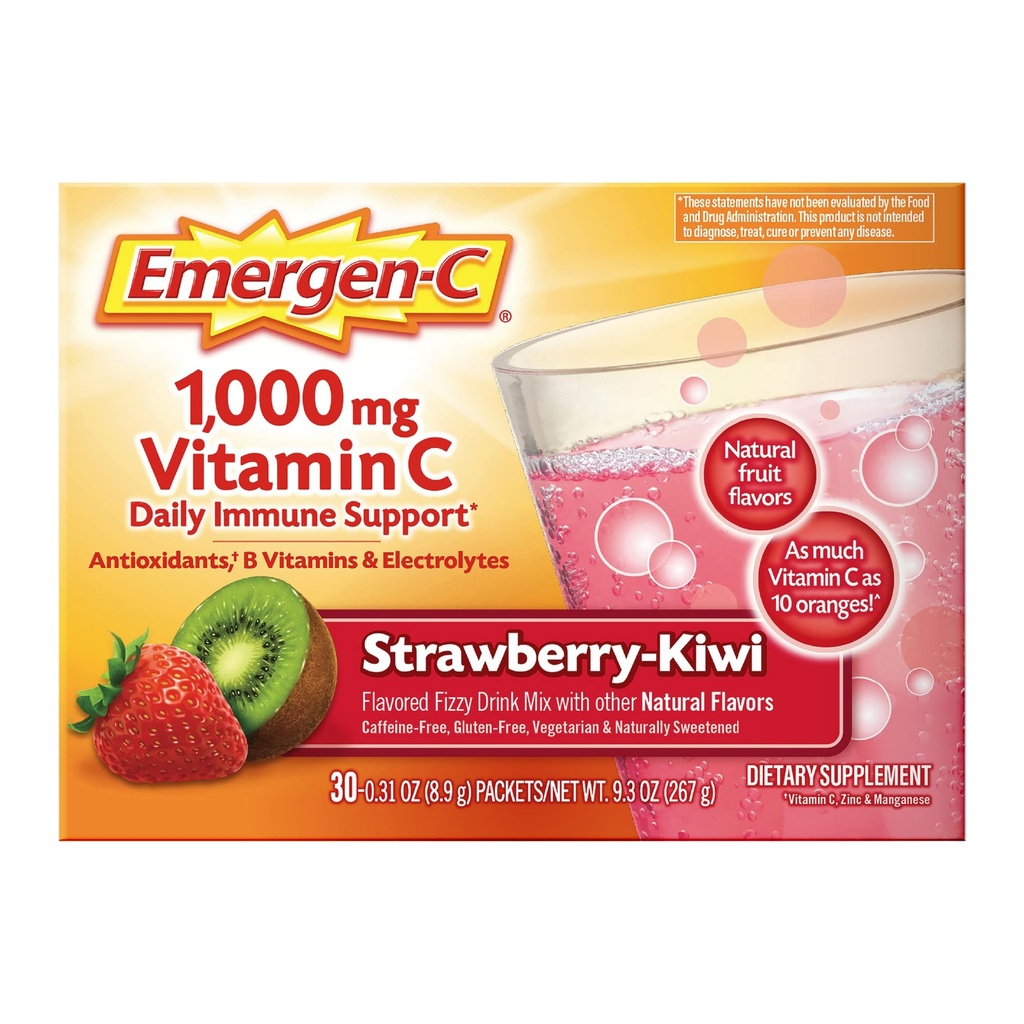 Emergen-C 1000mg Vitamine C Immuun Ondersteuning Poeder Aardbei Kiwi 30CT bevat zink, Mangaan, 7 B Vitaminen en Elektrolyten voor Back to School Essentials