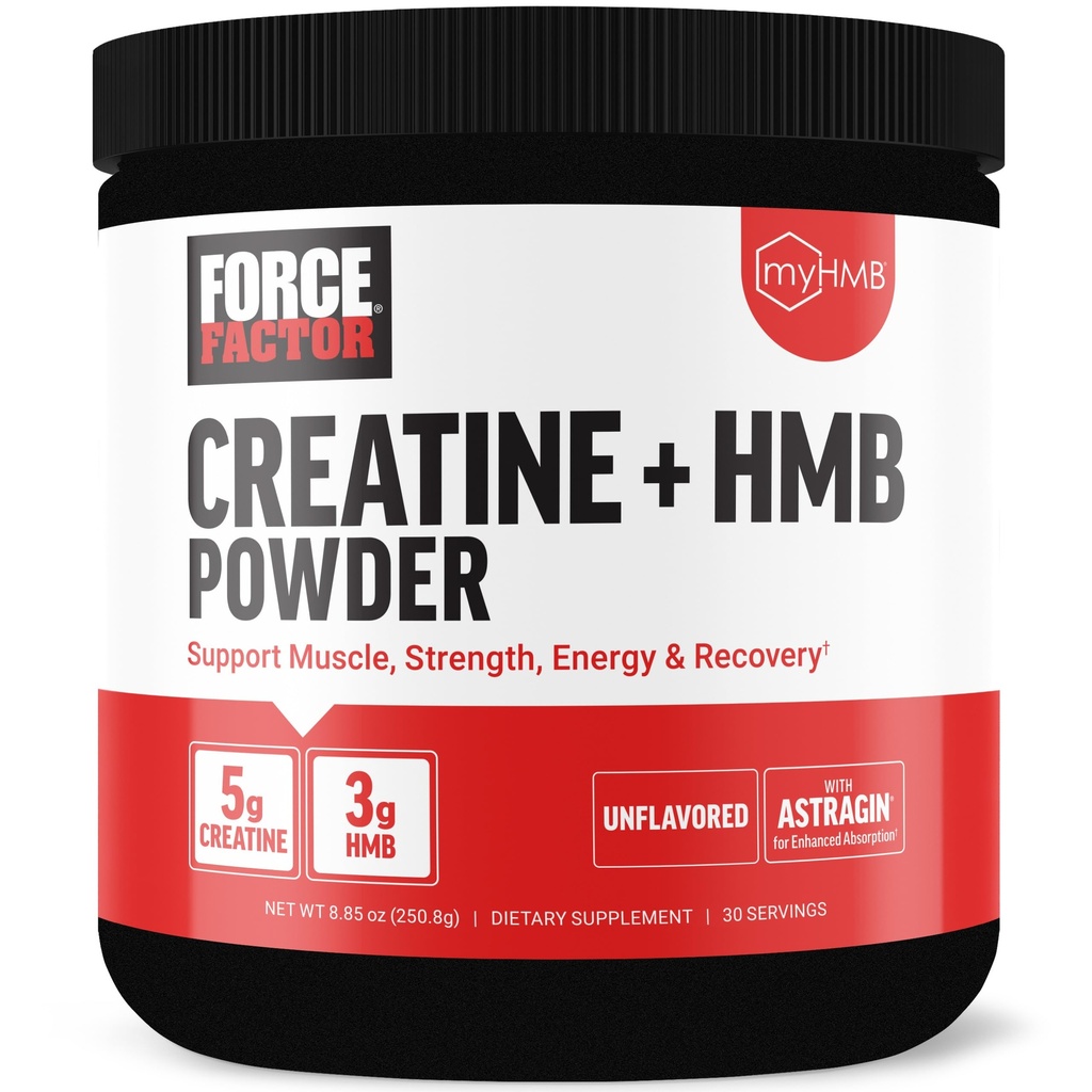 Force Factor Creatine HMB Powder, 5g Creatine Monohydrate + 3g myHMB for Muscle Growth, Strength, Energy & Recovery, with AstraGin for Enhanced Absorption, Unflavored, 30 Servings