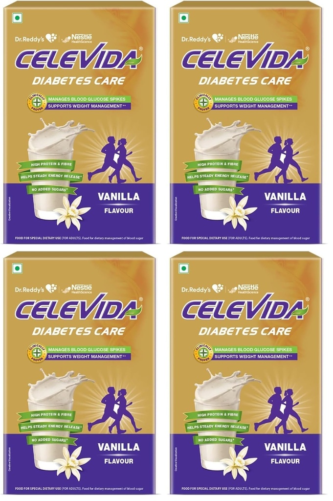 Celevida Protein Powder Drink for Diabetes Management by Dr. Reddy’s | Vanilla Flavour | No Added sugar | Plant based | For Sugar control, Weight Management & Immunity Support | 400gm BIB (Pack of 4)