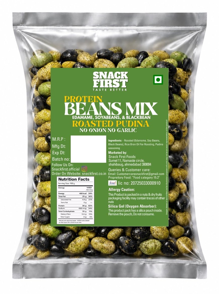 Snack First Roasted Protein Beans Mix Pudina | No onion no garlic | no palm oil | 100G | 40G plant protein mixture | 3 In 1 mix | edamame, soyabeans, blackbeans | high protein | gym snack | healthy snack | crunchy & delicious | high fibre | minerals & vitamins |