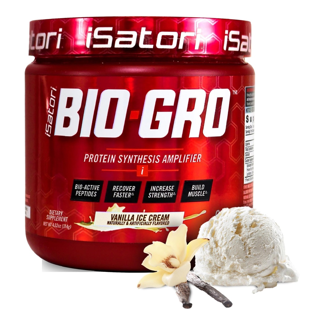 iSatori BIO-GRO eiwitsynthese versterker, voor spierherstel en groei, verbeterd Stimulerend Gratis pre-workout en colostrum supplement met bio-actieve peptoden- Vanille ijs (60 porties)