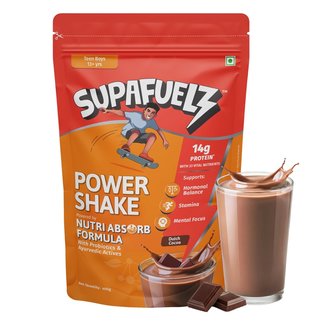 Power Shake Teen Boys (13+ Yrs) | Height & Strength Drink | 14g Protein, 33 Nutrients, Probiotics, Ayurveda| Daily Nutrition support for Height, Strength & Focus | Chocolate 400g | Safe Nutrition Drink For Teens