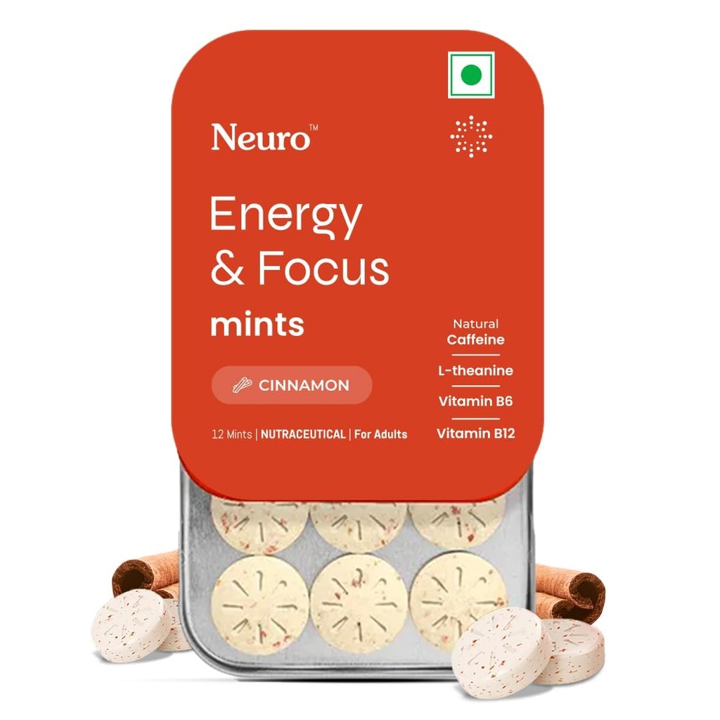 NeuroGum Energy Caffeine Mints - Sugar Free with L-theanine + Natural Caffeine + Vitamin B12 & B6 - Energy & Focus Supplement for Women & Men Vegan, Cinnamon Flavor | Pack of 1 (12 Mints)