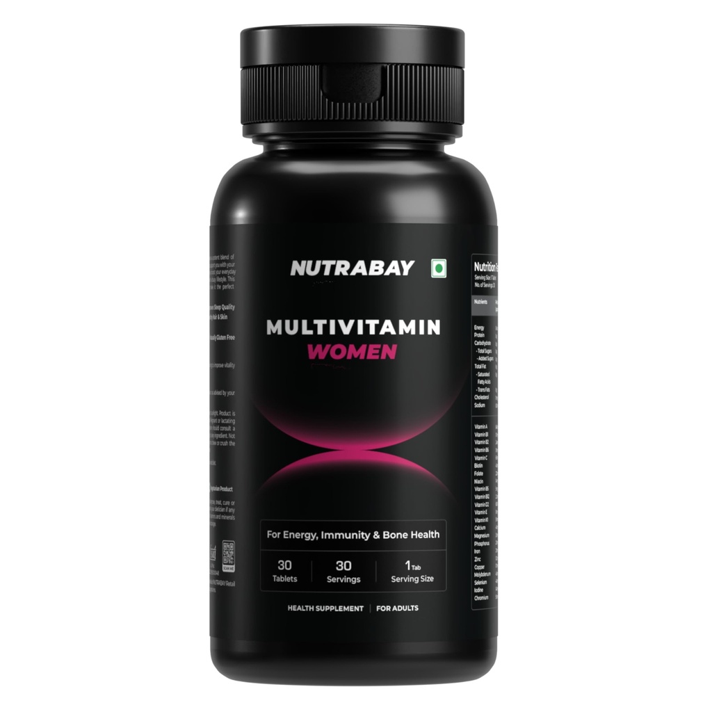 Nutrabay Pro Active Multivitamin for Women – Effective Doses of Iron, Vitamin A, B5, B6, C, D, E & K and Minerals – Immunity, Hair, Skin & Bone Support – 30 Tablets | RDA Dosage | Purity Tested