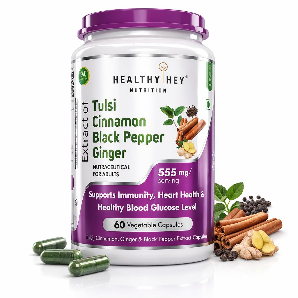 HealthyHey Nutrition Tulsi, Cinnamon, Black Pepper & Ginger Extract Formula for Immunity - 60 Veg Capsules