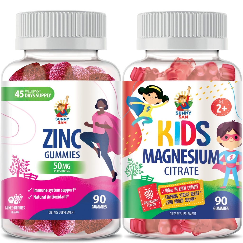 SUNNY SAM Zink Gummies voor volwassenen & Magnesium Gummies voor kinderen & volwassenen - 100mg - Kalm Magnesium Kauwen