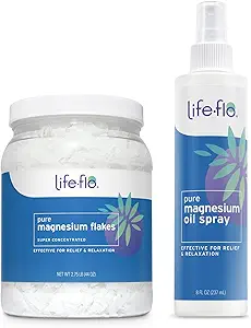 Life-flo Pure Magnesium Oil Spray 8oz and Magnesium Flakes for Bath 44oz - Magnesium Chloride from The Zechstein Seabed - Relief and Relaxation Bundle - Soothes Muscles and Joints - 60-Day Guarantee