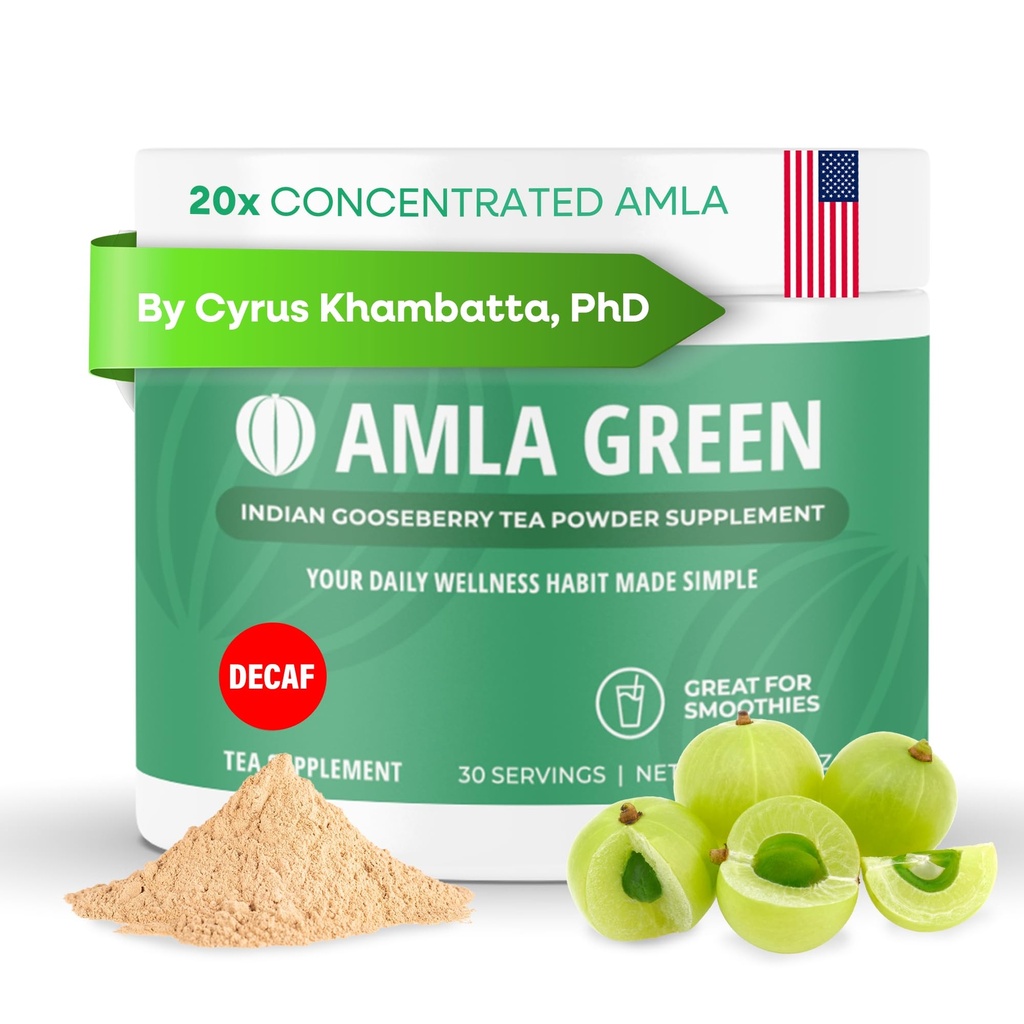 Amla Powder & Decaf Green Tea Superfood Supplement, 20x Ultra Geconcentreerde Amla, Antioxidant Support, Gemaakt met Oolong Thee en Indiase kruisbessen, Biologische, Veganistische, Decaf, 30 porties