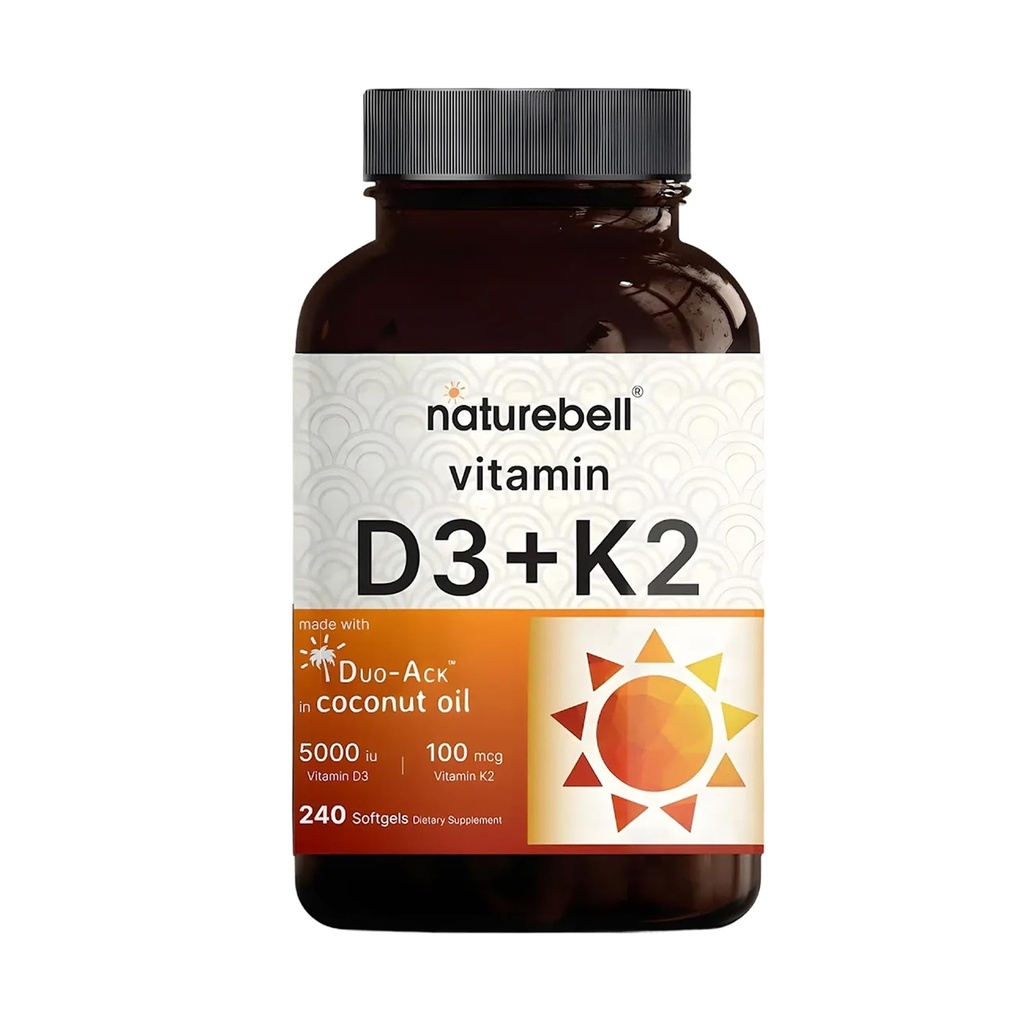 NatureBell Vitamin D3 5.000 IE + K2 100 mcg, 240 Softgels Dagelijkse 2-in-1 Formule met Virgin Kokosolie 