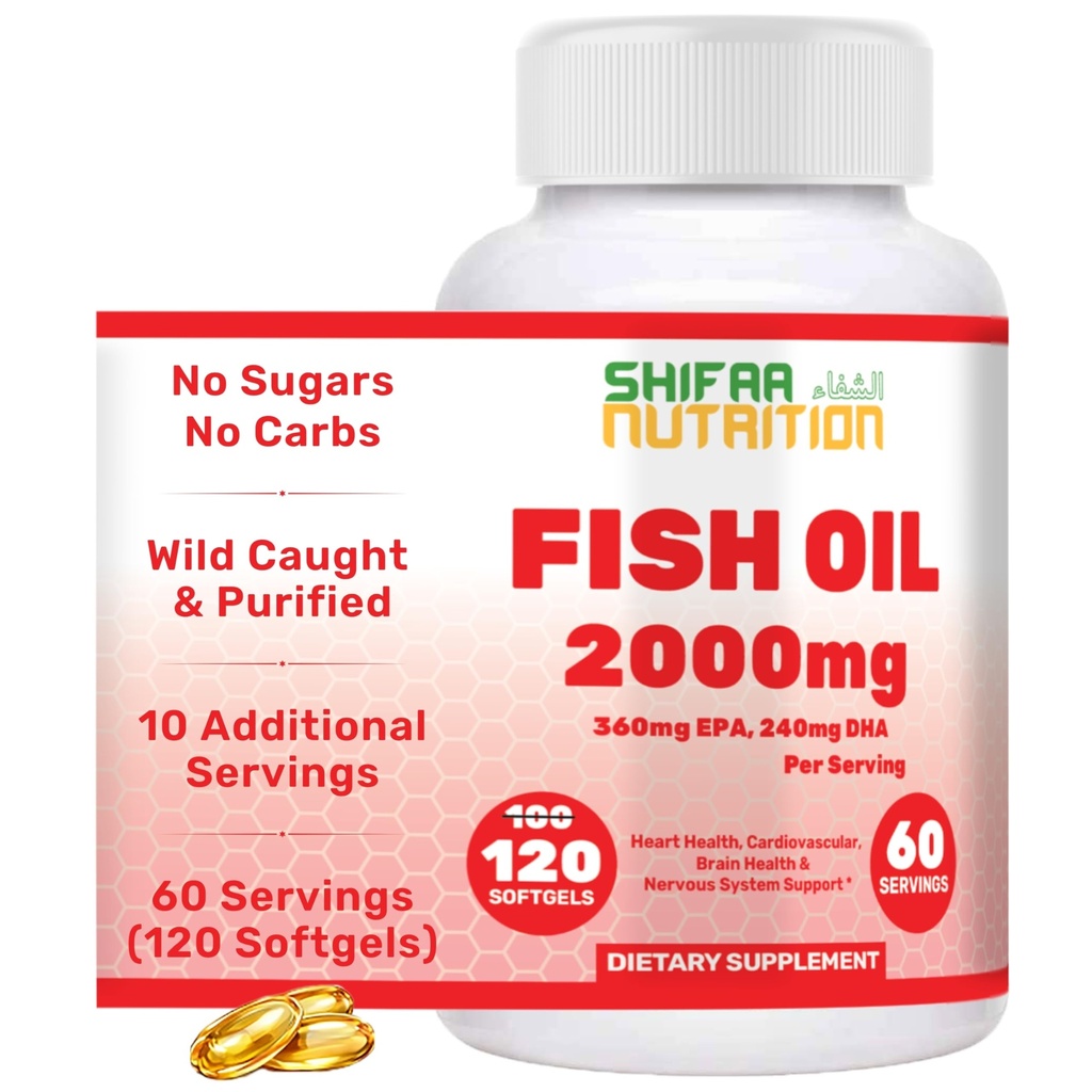 SHIFAA NUTRITION Halal Fish Oil 2000mg Softgels met 360mg EPA & 240mg DHA. 100 Wild Caught & Non-GMO Omega 3 Softgels for Heart & Brain Health. Burpless, Eenvoudig doorslikken Visolie Omega 3 Supplementen