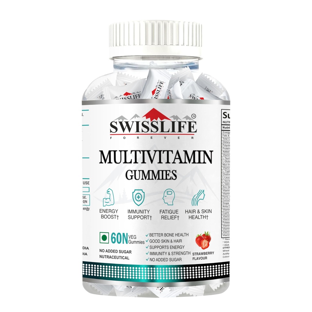 SwissLife Forever Multivitamin Gummies (60 Gummies) | Micronutrients Vitamin C,A,D,E,B6,B9,B12 | Sugar-free | Enhances Immunity and Overall Health | Strawberry Flavour for Men & Women