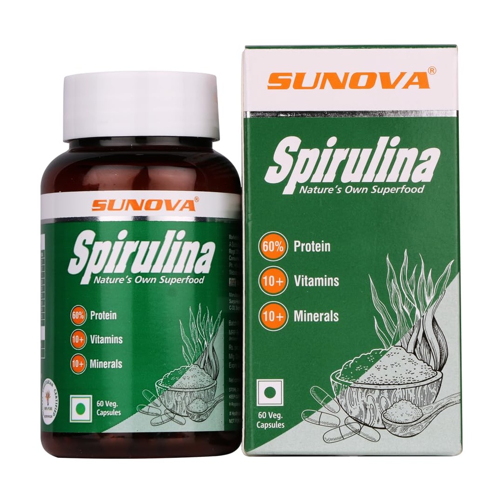 SUNOVA Organic Spirulina Capsules – Nature’s Own Superfood and Nutritional Supplement ,Spirulina for Full Body Support – 60 Capsules