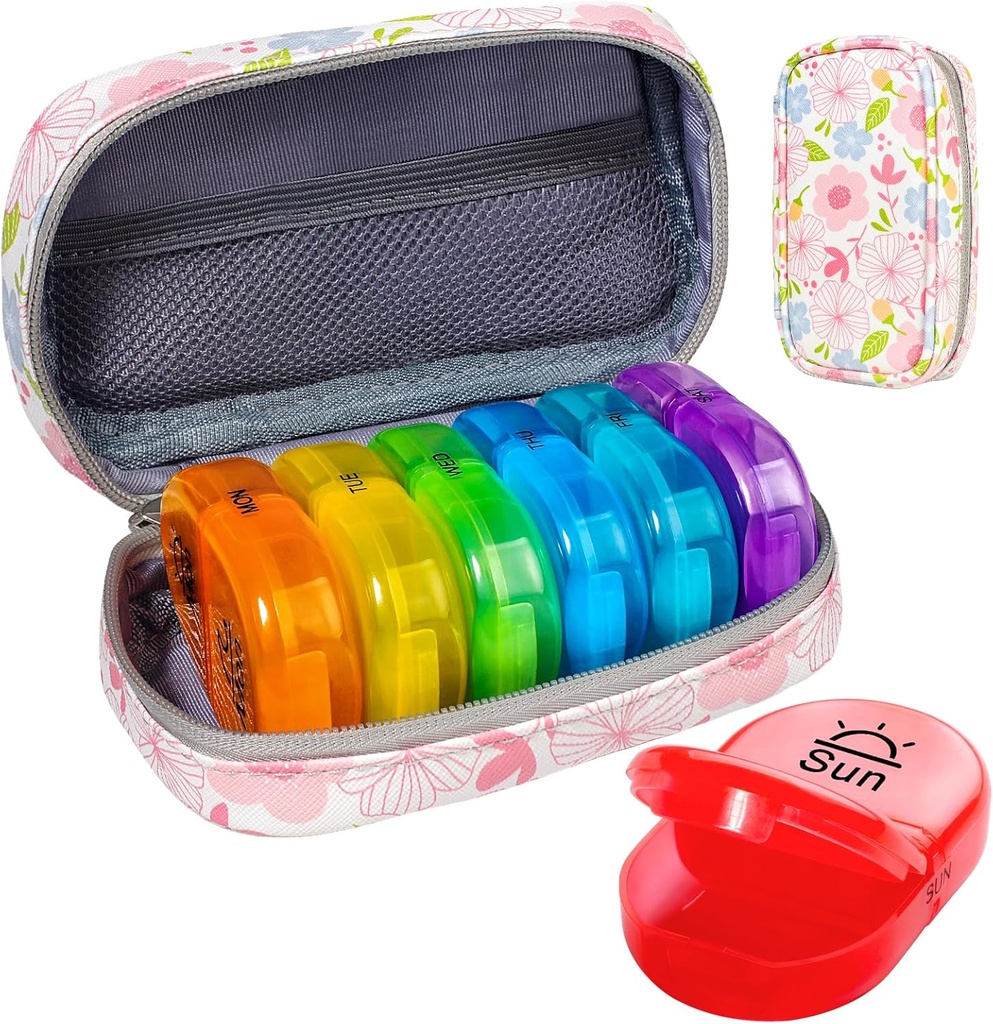 Serfeymi Weekly Travel pil Organizer 2 keer Een dag AM PM Geüpgraded Regenboog pil Box 7 dag met Portable Zipper PU leren pil Case, Medicine Organizer voor pillen, Vitaminen, Visolie - Floral 01