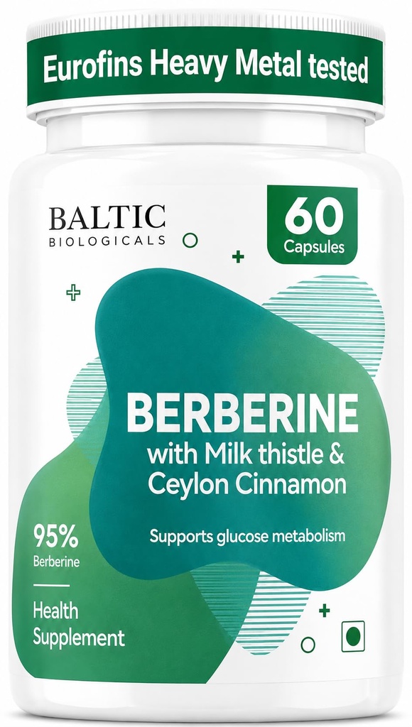 Berberine HCL Supplement 95% with Milk Thistle & Ceylon Cinnamon | Support Healthy blood Sugar levels, fat metabolism, liver health, PCOS & hormonal balance | 750mg per Capsule | 60 Veg Capsules