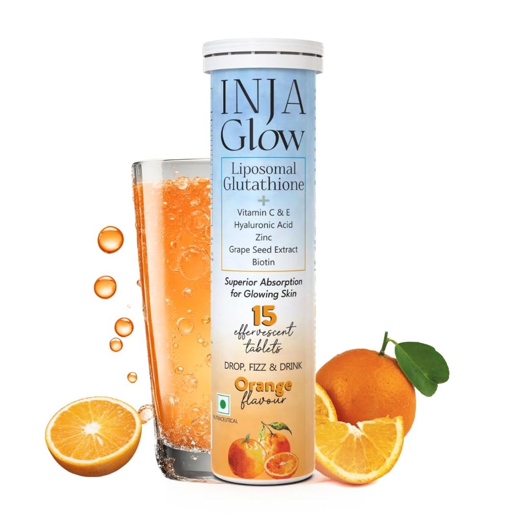 INJA Glow Liposomal Glutathione with Vitamin C & E, Hyaluronic Acid, Zinc, Biotin & Grape Seed Extract, 4x More Effective, Reduces Dark Spots, Enhances Skin Glow & Collagen, Orange Flavour, 15 Tablets