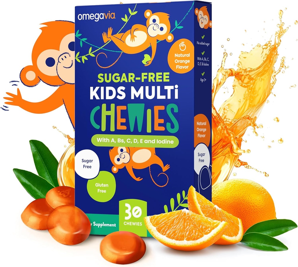 OmegaVia Sugar Free Kids Multivitamin Chewies - Daily Chewable Gummy Vitamins for Kids 3+, Vitamin A, C, D3, E, B6 & B12, Folate & More, Natural Orange Flavor, 30 Count