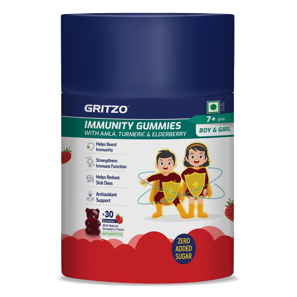Gritzo Immunity Gummies for (7+y Boy & Girl), Strawberry, 30 Gummies