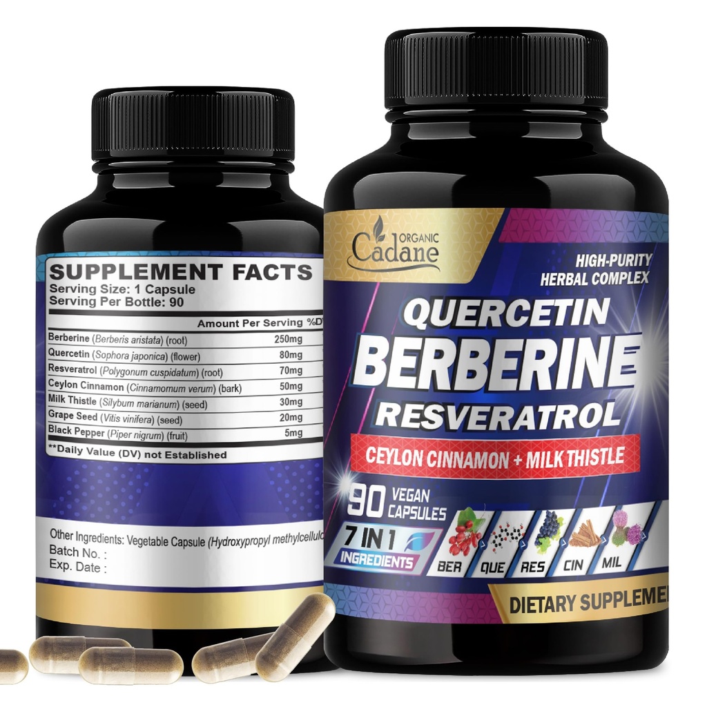 Biologische Cadane 7in1 Pure Berberine Supplement met Quercetin, Ceylon Cinnamon, Resveratrol, Milk Thistle, Grape Seed, en Black Pepper - 90 capsules voor 3-maand levering - Immunity Health Support